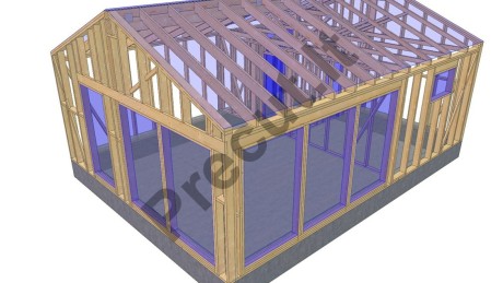 Vieno aukšto 50 m² karkasinės pirtelės 3D vizualizacija su gegnių ir stogo santvarų sistema