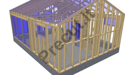 Karkasinės pirtelės 50 m² konstrukcinis rėmas su gegnėmis ir santvariniu stogu – projektas SVI 2025P005