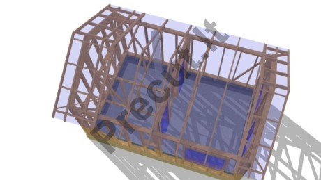 23 m² karkasinės pirtelės sienų ir stogo konstrukcinis sprendimas