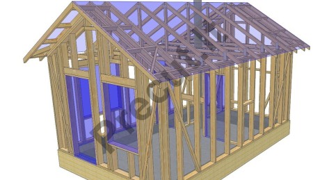 Karkasinės pirtelės 23 m² konstrukcinis rėmas su santvariniu stogu – projektas SVI 2025P007