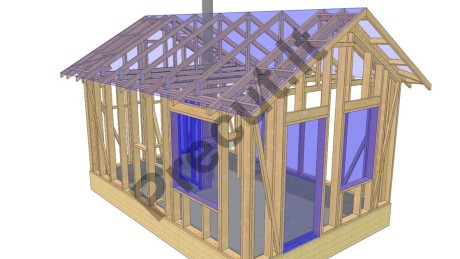 Vieno aukšto 23 m² karkasinės pirtelės 3D vizualizacija su stogo santvarų sistema
