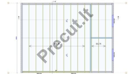 Stogo santvarų išdėstymas garažui su dviem sandėliukais, bendras plotas 48 m²