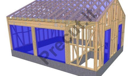 36 m² karkasinio garažo su dviem 6 m² sandėliukais 3D vizualizacija ir stogo santvarų sistema