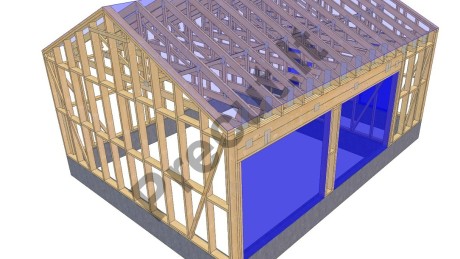 Medinio karkasinio garažo 36 m² su dviem sandėliukais bendras konstrukcinis vaizdas