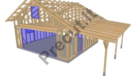55 m² karkasinio garažo su mansarda ir 22 m² stogine 3D vizualizacija su santvariniu stogu