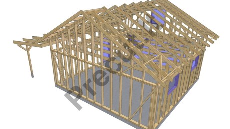 55 m² garažo ir 22 m² stoginės karkasinė konstrukcija su suprojektuotomis stogo santvaromis