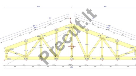 Stogo santvarų išdėstymas 37 m² garažui su 11 m² sandėliuku