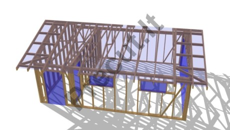 Medinio karkasinio garažo 37 m² su 11 m² sandėliuku bendras konstrukcinis vaizdas