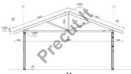 37 m² karkasinio garažo konstrukcinis planas su 11 m² sandėliuku