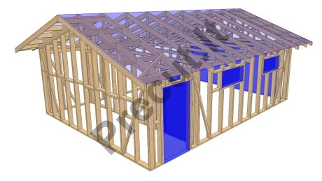 37 m² garažo ir 11 m² sandėliuko karkasinė konstrukcija su suprojektuotomis stogo santvaromis