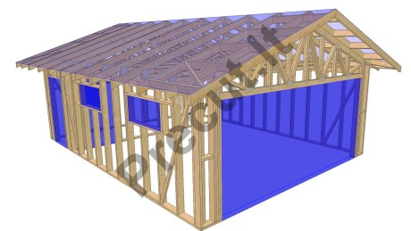 37 m² karkasinio garažo su 11 m² sandėliuku 3D vizualizacija ir stogo santvarų sistema
