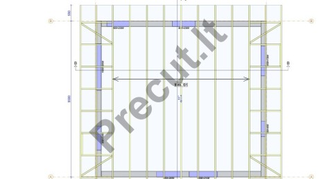 33 m² namelio stogo konstrukcija su vienšlaičio stogo gegnių sistema