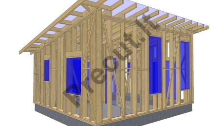 Karkasinio namelio 33 m² konstrukcinis rėmas su vienšlaičio stogo gegnių sistema