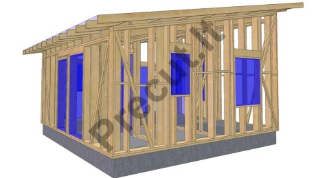 Mažo karkasinio namelio karkaso konstrukcija su vienšlaičiu stogu, 33 m²