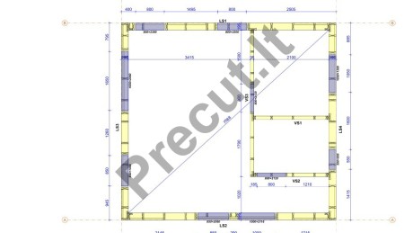 33 m² karkasinio namelio bendras konstrukcinis vaizdas su vienšlaičiu gegnių stogu