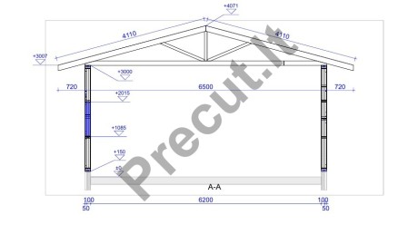 Didelio 78 m² garažo konstrukcinis planas su stogo santvarų komplektu