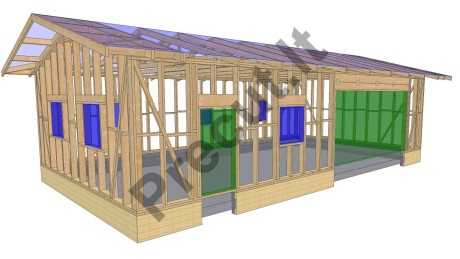 Didelio 78 m² karkasinio garažo 3D vizualizacija su stogo santvarų sistema – projektas SVI 2025P063