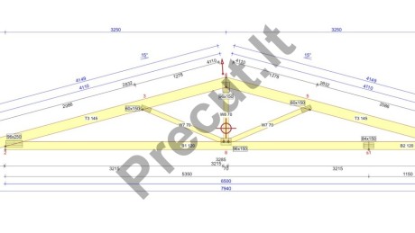78 m² karkasinio garažo stogo santvarų brėžinys ir konstrukciniai sprendimai